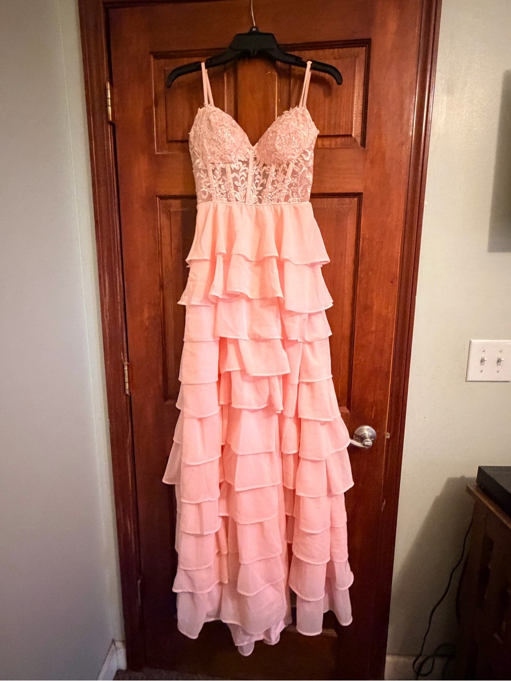 Blush Pink Tiered Ruffle Evening Gown